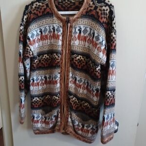 Llamas Alpacas Print Women's Sweater Cardigan Sz M Southwestern Boho GrandmaCore